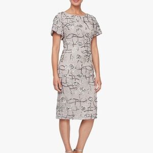 Alex Evenings Cocktail Short Embroidered Dress With Sleeves Size 6